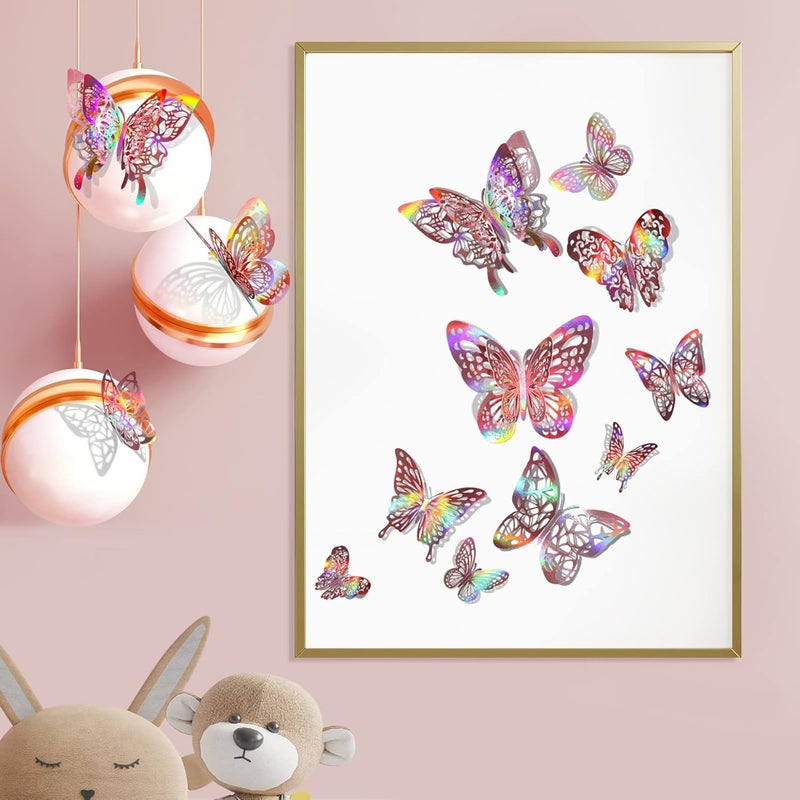 DELEMI 60 Pcs 3D Butterfly Wall Decor Stickers Iridescent Rose Gold Decorations Party, Holographic Butterflies Decor Butterfly Decals for Bedroom Classroom Wedding Decor DIY Gift - Image 4